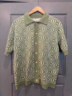 Far Afield Geometric Knit Polo Cardigan Sweater Sage Green Retro Mod Large
